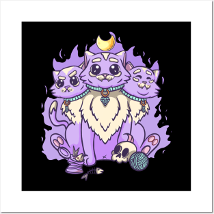 Kawaii Pastel Goth Cute Creepy 3 Headed Cat Skul, Posters and Art